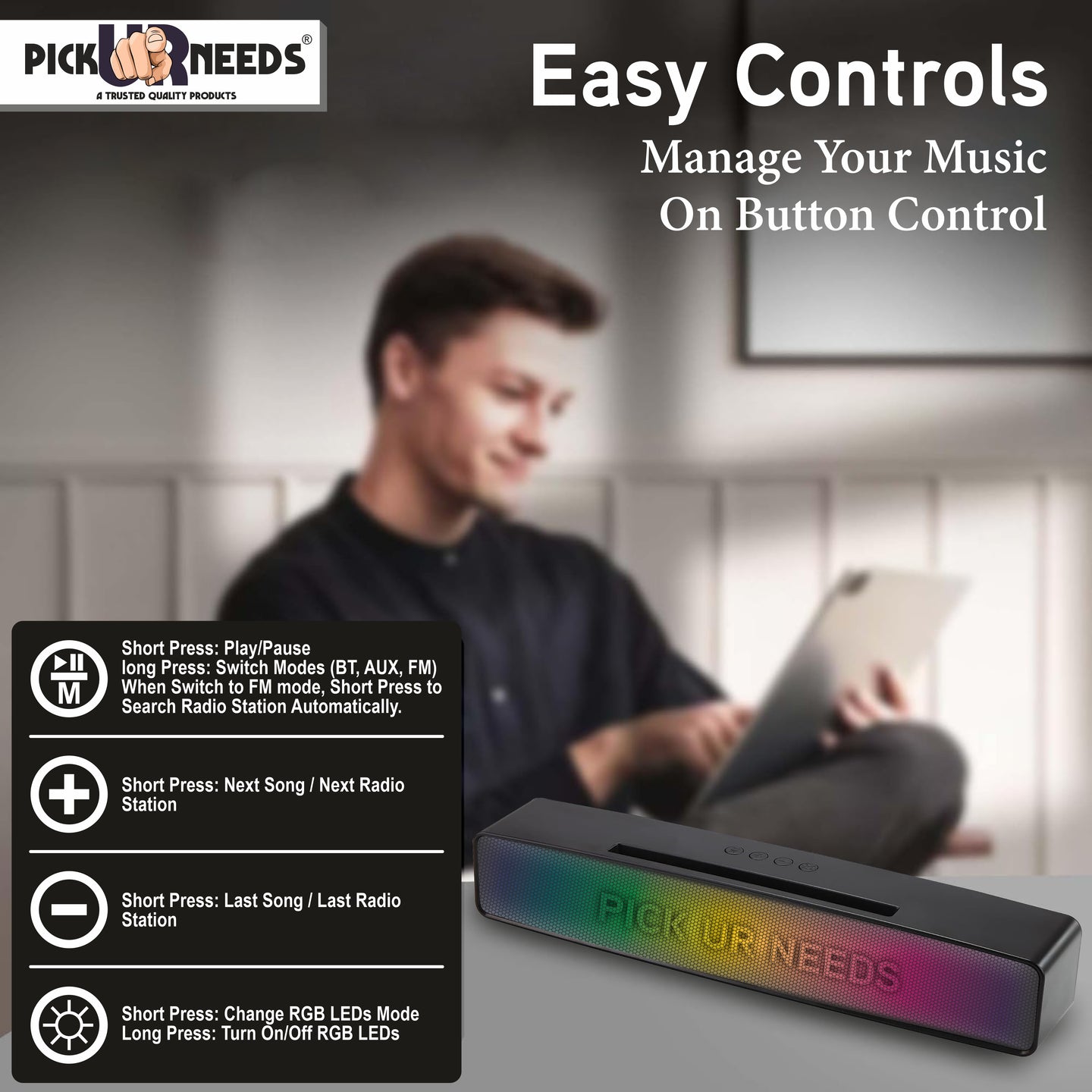 Pick Ur Needs Wireless Home TV Speaker Soundbar WIth RGB Light USB/TF Card/AUX Supported 4Hrs 10 W Bluetooth Soundbar (Black, 5.0 Channel)